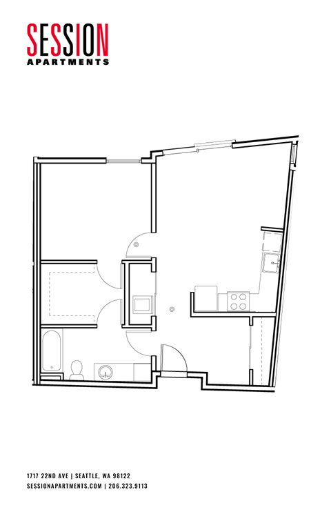 Floor plan for 1 bed, 1 bath, 685 sqft